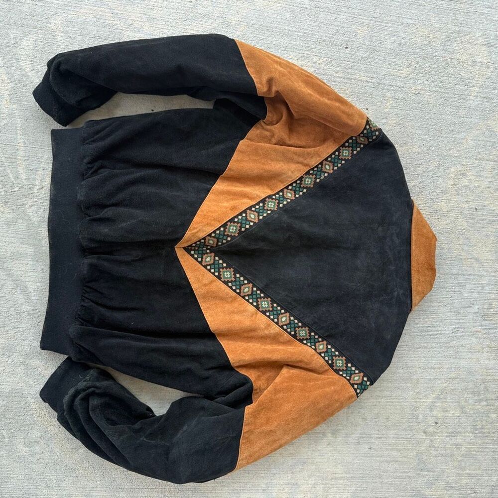 Vintage Cripple Creek Suede Aztec Western Bomber Jacket Black Tan Men's Large - Picture 8 of 9